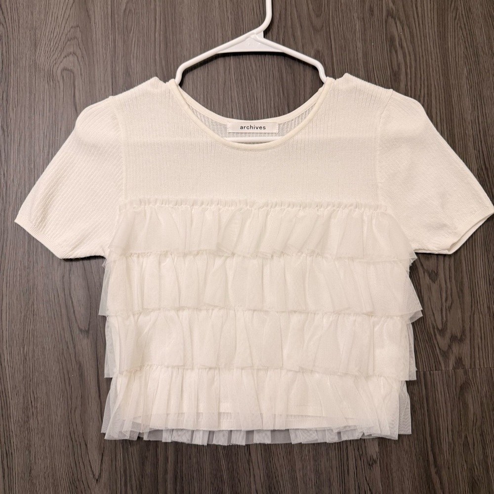 Archives white mesh ruffle top S Japanese brand